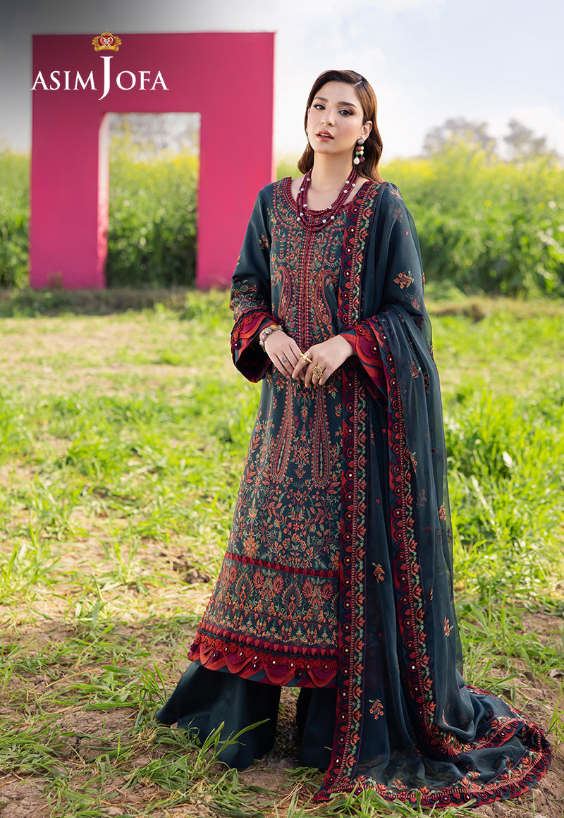 ASIM JOFA-3PC DHANAK EMBROIDERED SHIRT WITH DHANAK EMBROIDERED SHAWL AND TROUSER - 677