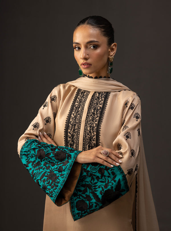 3 Piece Unstitched Embroidered and Printed SIlk Suit 229