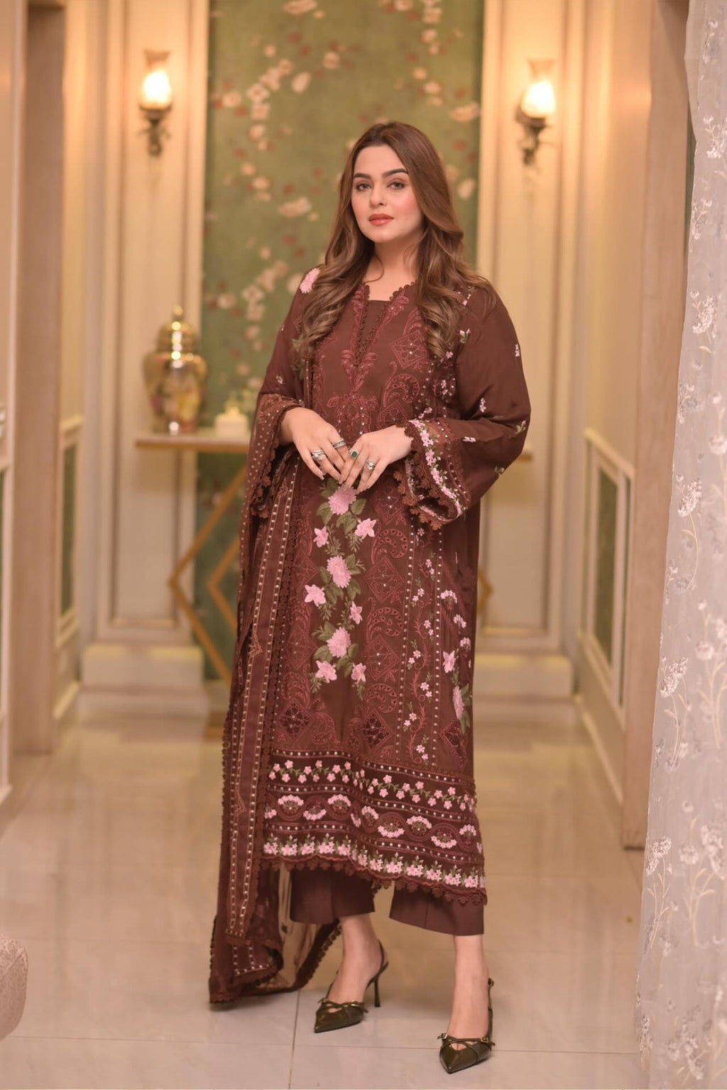 3PC - Aneela's Lawn Unstitched Embroidered Collection With Chiffon Dupatta 704