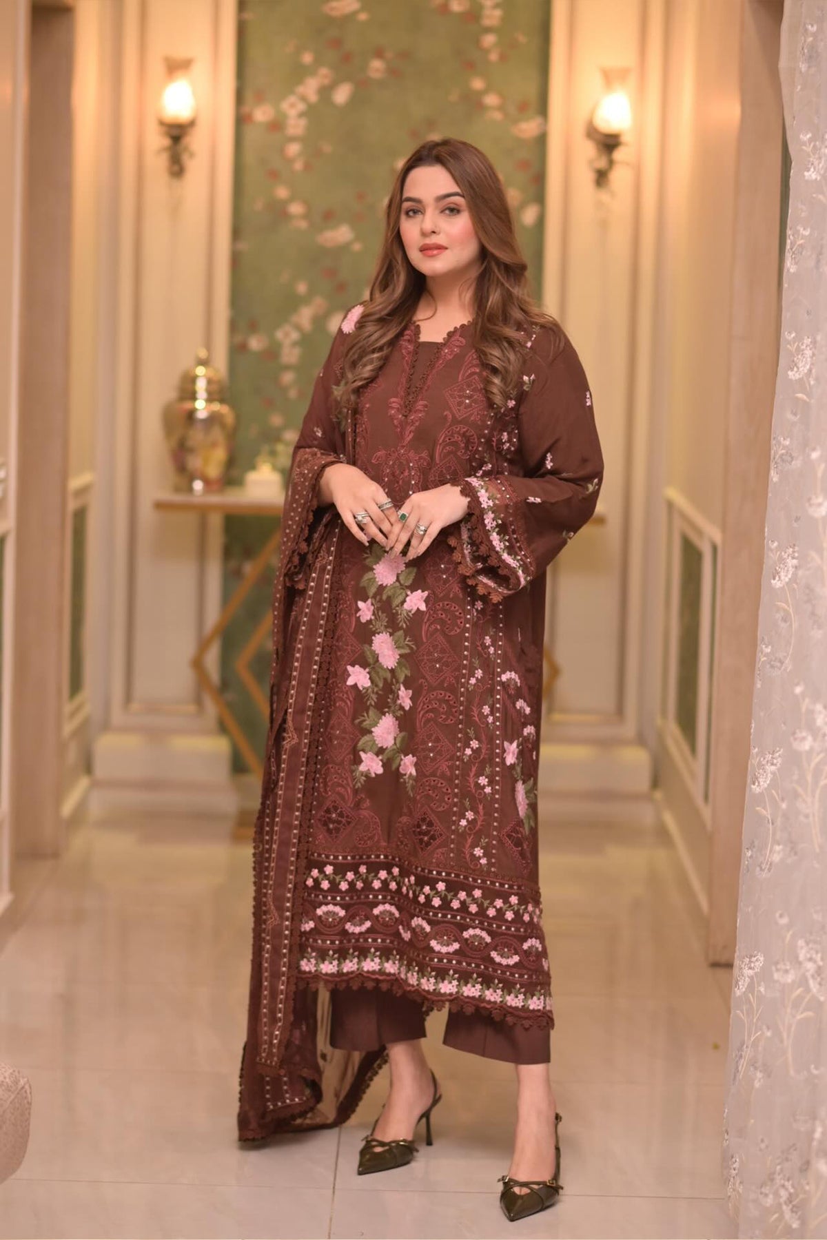3PC - Aneela's Lawn Unstitched Embroidered Collection With Chiffon Dupatta 704