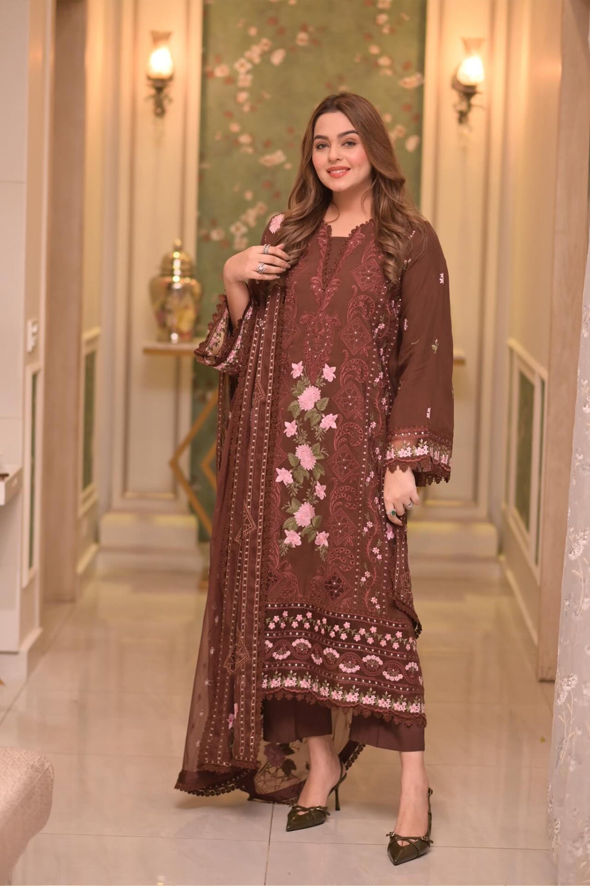 3PC - Aneela's Lawn Unstitched Embroidered Collection With Chiffon Dupatta 704