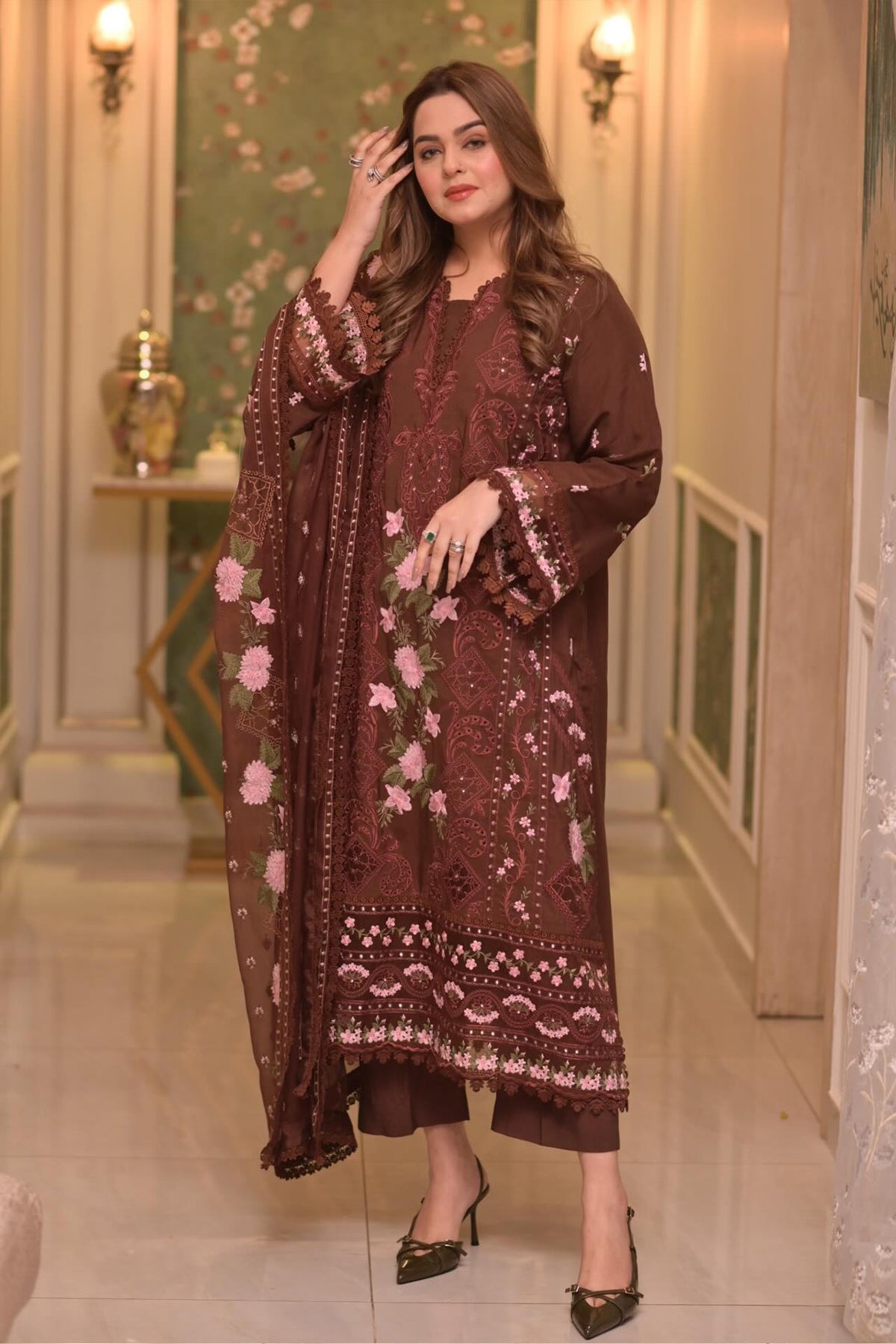 3PC - Aneela's Lawn Unstitched Embroidered Collection With Chiffon Dupatta 704