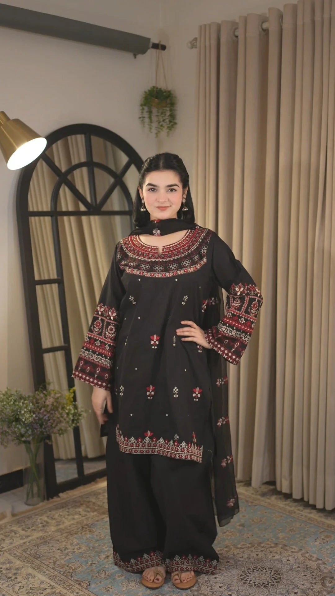 3 Piece Black Premium Lawn Embroidered Shirt & Farshi Shalwar