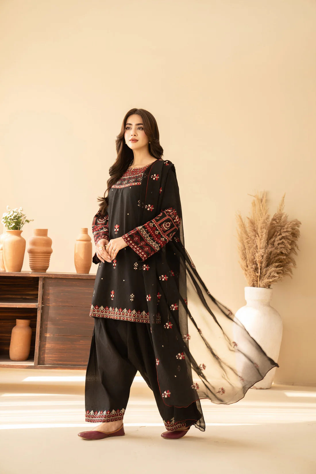 3 Piece Black Premium Lawn Embroidered Shirt & Farshi Shalwar