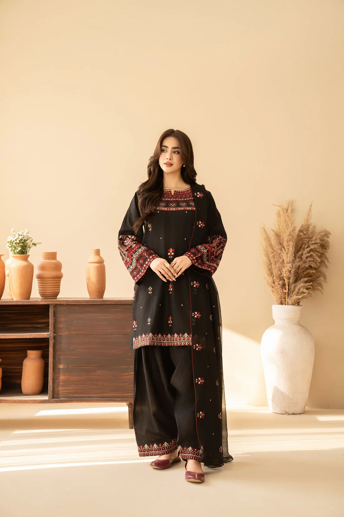 3 Piece Black Premium Lawn Embroidered Shirt & Farshi Shalwar