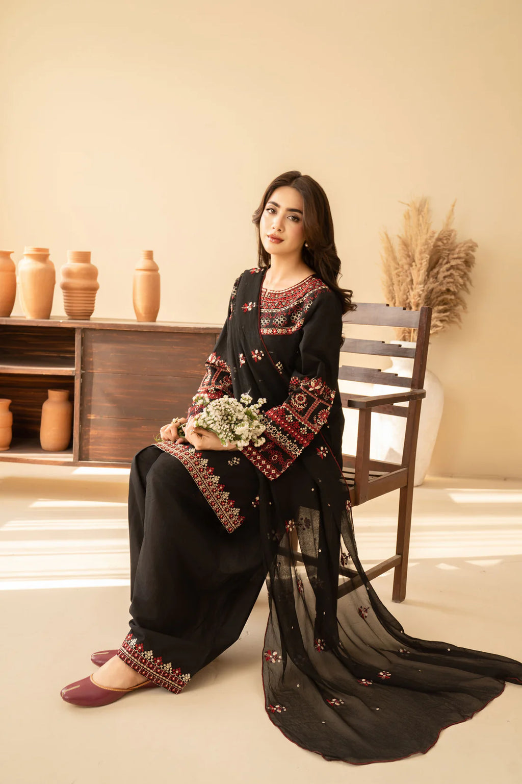 3 Piece Black Premium Lawn Embroidered Shirt & Farshi Shalwar