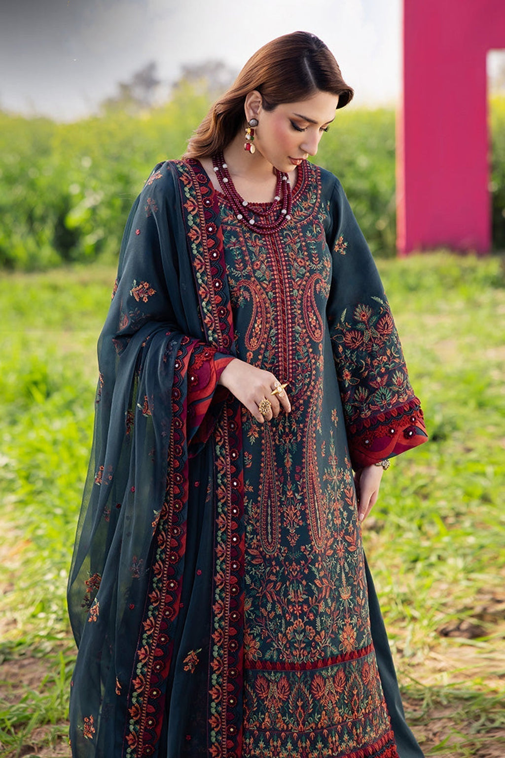 ASIM JOFA-3PC DHANAK EMBROIDERED SHIRT WITH DHANAK EMBROIDERED SHAWL AND TROUSER - 677
