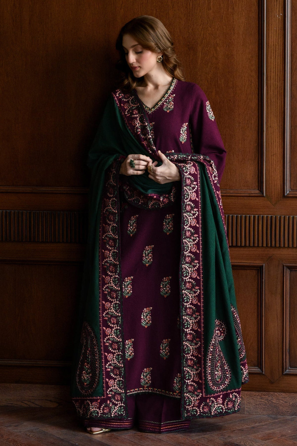 BATIK-3PC DHANAK EMBROIDERED SHIRT WITH DHANAK EMBROIDERED SHAWL AND TROUSER- 678