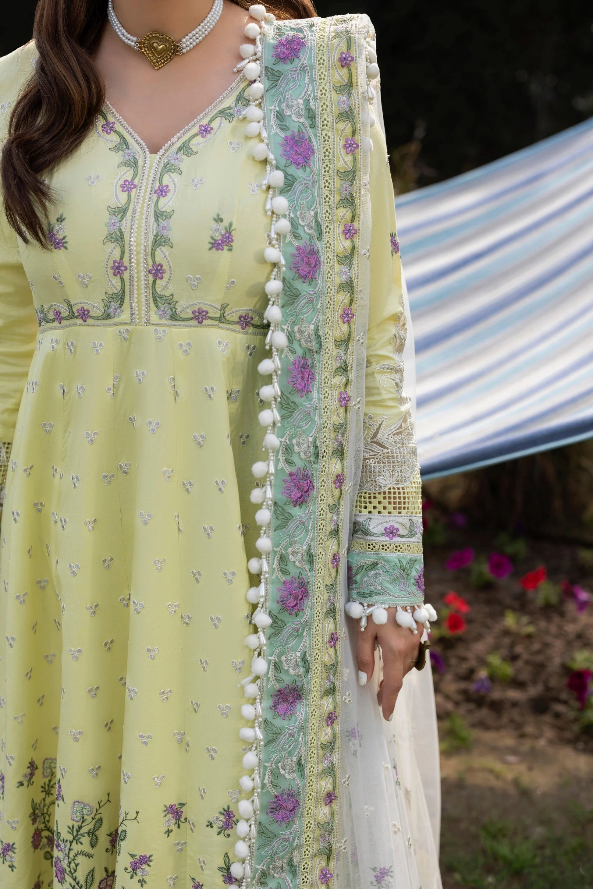 Aneelas - 3 Piece Unstitched Embroidered Lawn Frock Net Emb Duppata - A2620