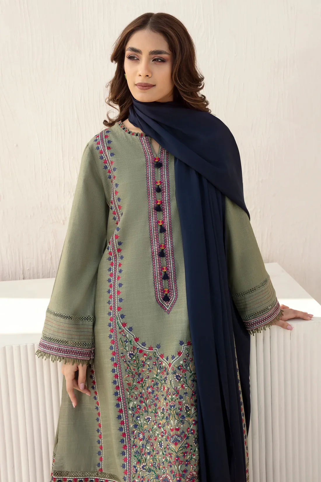 JZ 710-3 Piece Unstitched Fully Embroided Dhanak Suit