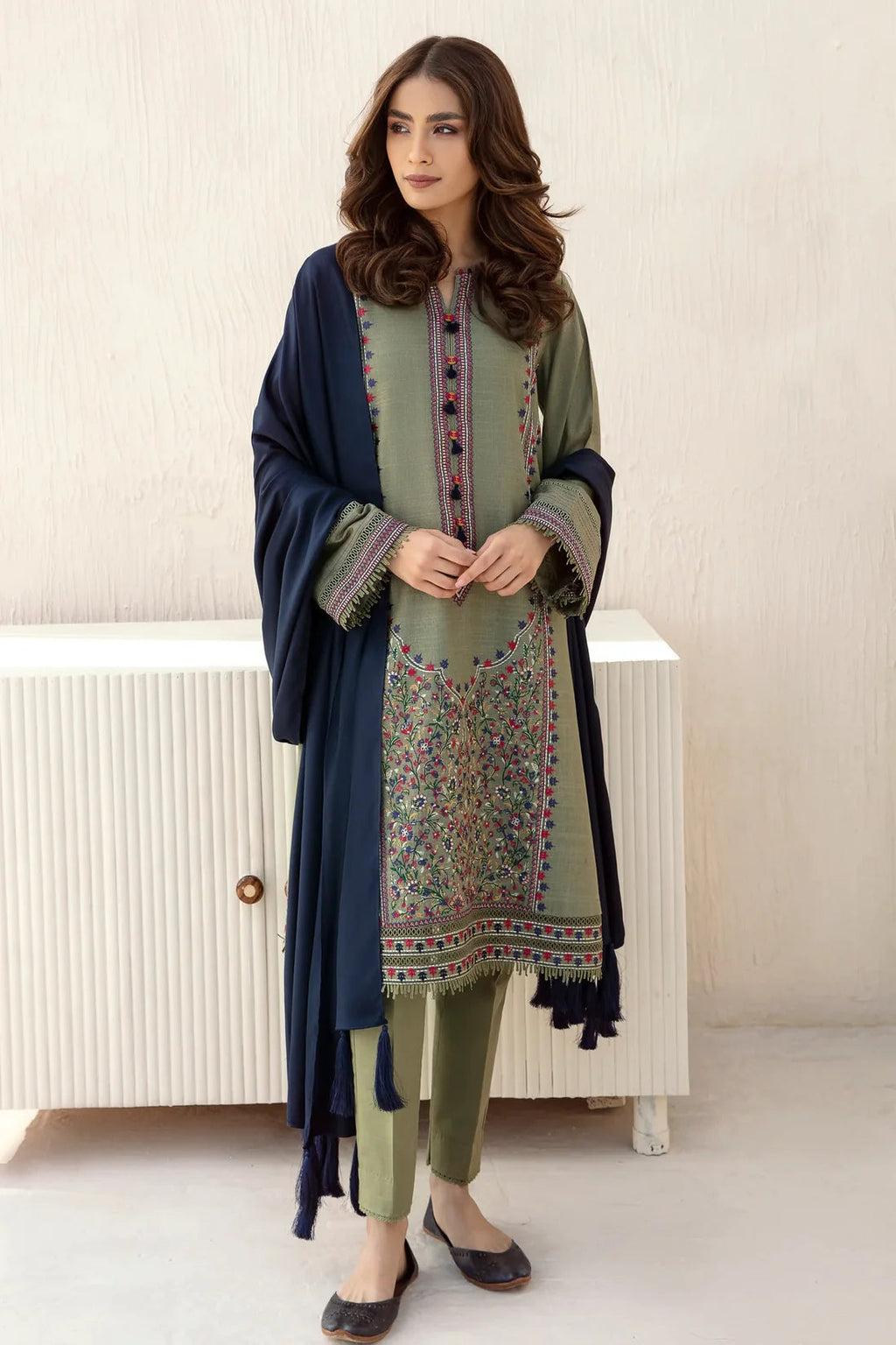 JZ 710-3 Piece Unstitched Fully Embroided Dhanak Suit