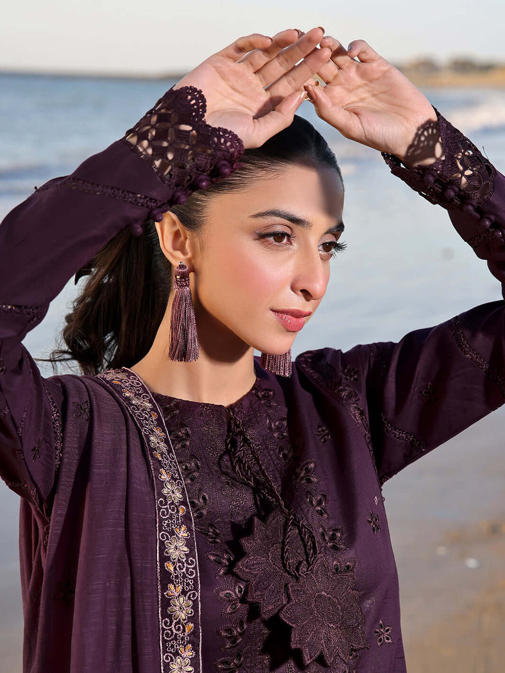 IZ 813-3 Piece Unstitched Heavy Embroidered Chickan Kari Dhanak Suit ( Full Embroidered Dhanak Dupatta )